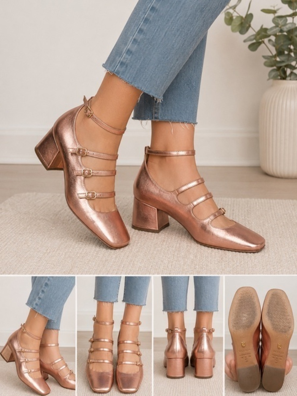 Vicenza Rose Gold Metallic Leather Mary Jane Block Heel Pumps Made in Brazil